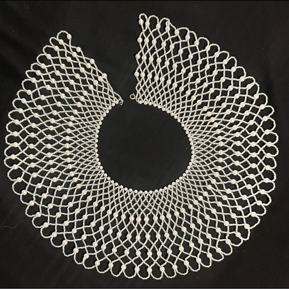 Vintage Hand-Beaded Pearl Lattice Collar, Timeless Mid-Century Fashion Accessory